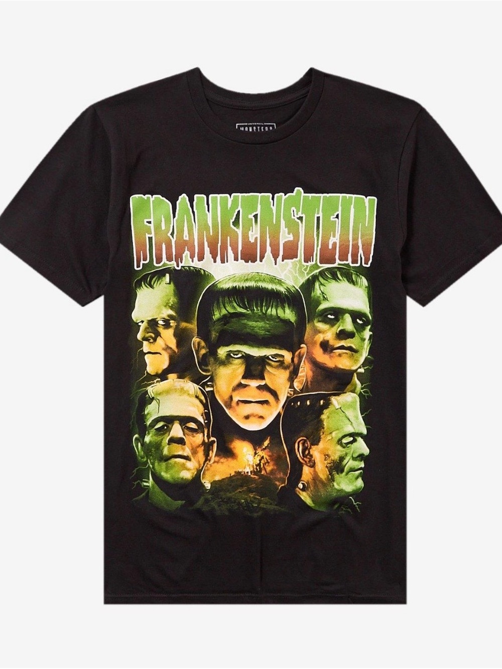 Hot Topic Black Frankenstein Graphic Tee with Green and Orange Print